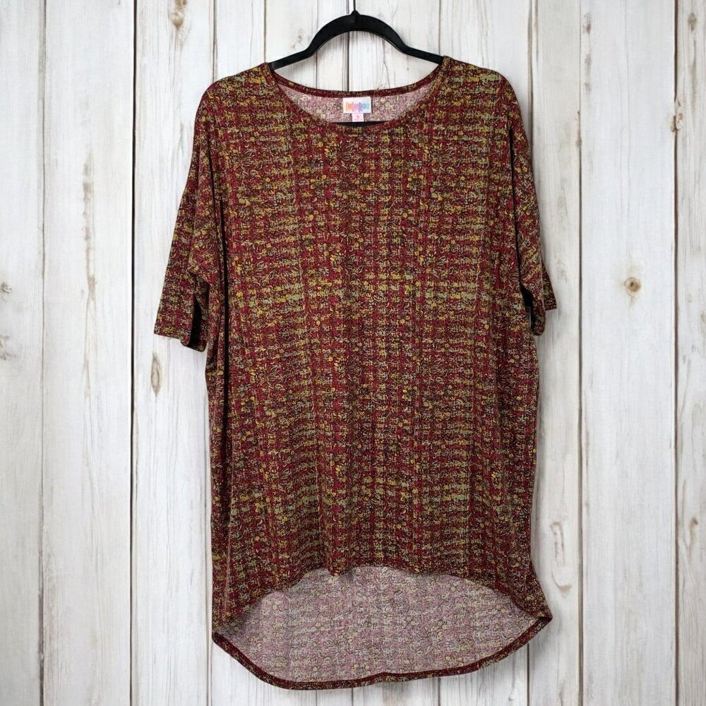 Lularoe Irma Half Sleeve Tunic High Low Polyester Blend Sz Sm Red Yellow Floral